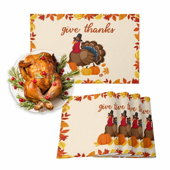 Fall Placemats Set of 6 Harvest Pumpkin Turkey Place Mats Thanksgiving Placemat Orange Maple Leaf Give Thanks Table Mats for Dining Kitchen Table Holiday Dinner Party Home Fall Decorations 13x19