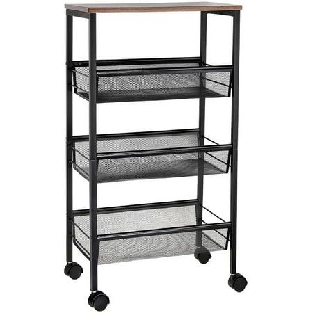 Rustic 3-Tier Metal Wire Storage Kitchen Cart on Wheels Black by Haitral