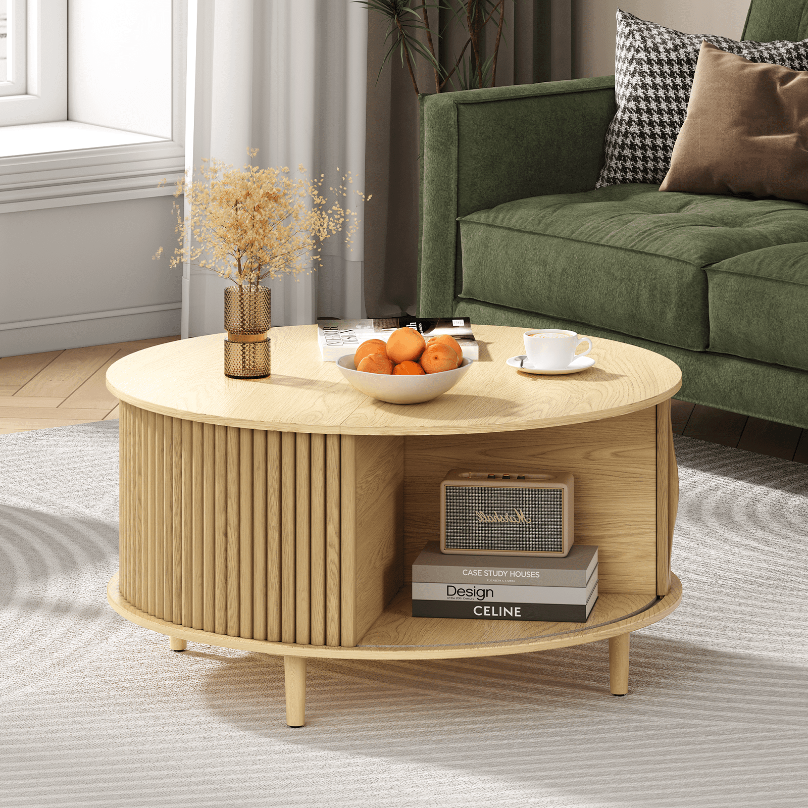 JOINICE Round Coffee Table with Storage and Flip Top,Circle Fluted Center Table,for Living Room,Oak