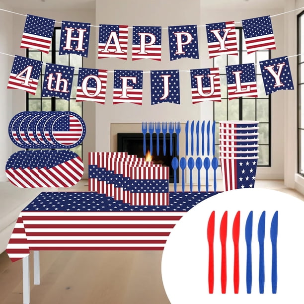 Set de Suministros para Fiesta Del Día de La Independencia con La Bandera de Ee. Uu. | Vasos, Platos, Cubiertos y Mantel Desechables | Vajilla Patriótica Multicolor para El 4 de Julio, Día Del Trabaj