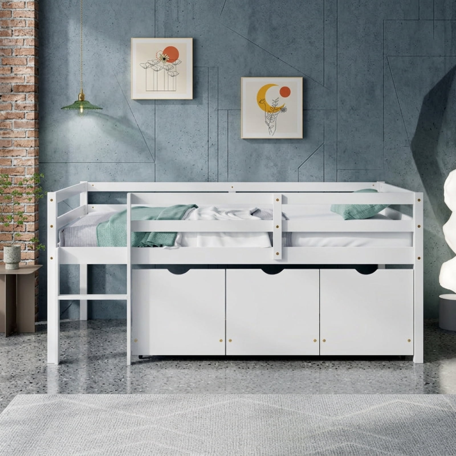 Furnibear Twin Size Low Loft Bed with 3 Drawers with Ladder and Full-length Guardrails for Bedroom, White