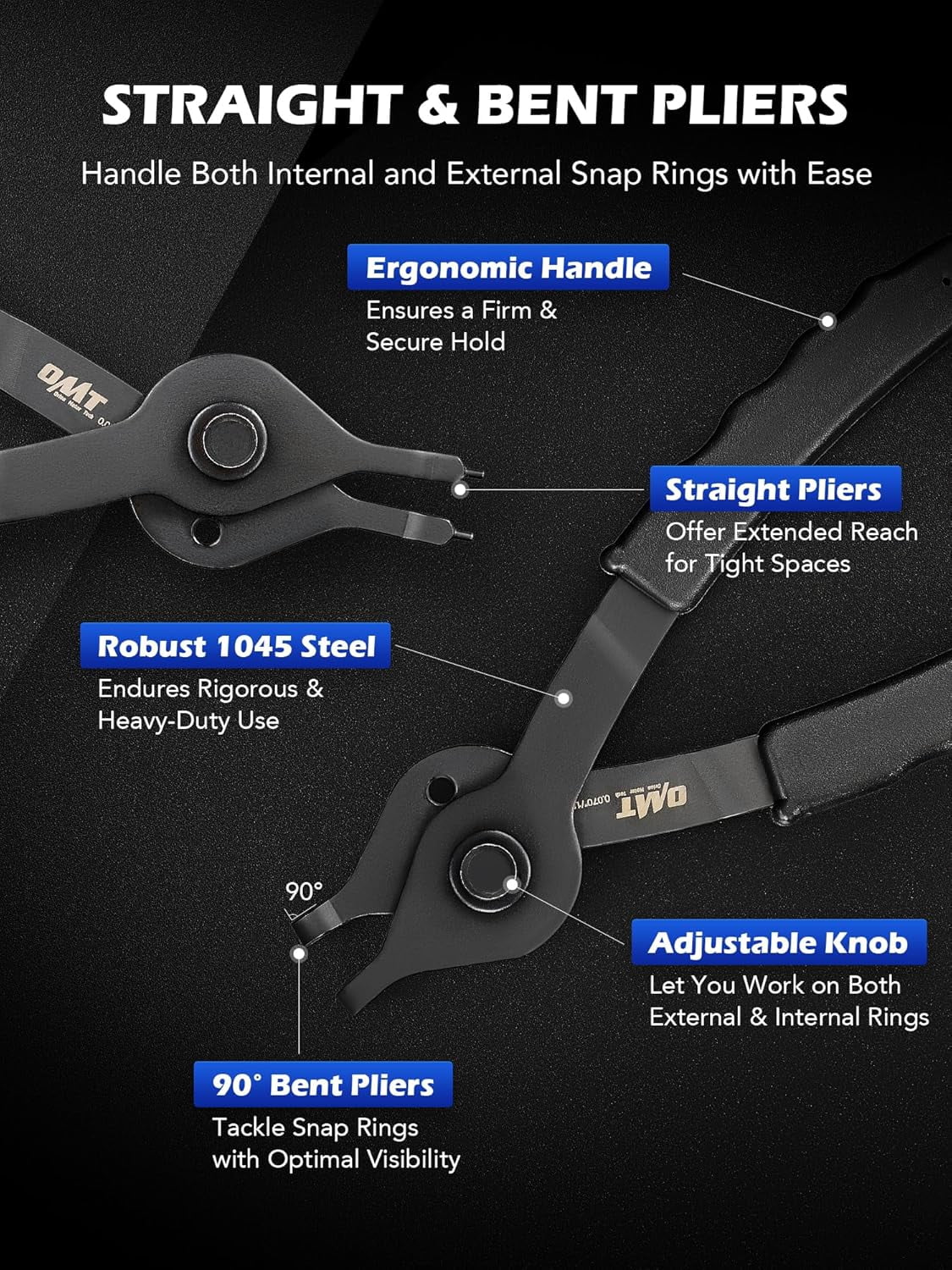 10pc Snap Ring Set, Internal & External Circlip With Bent & Straight , Hook Pick, Heavy Duty Snap Ring and Circlip Removal Tool with Storage Case & Gloves