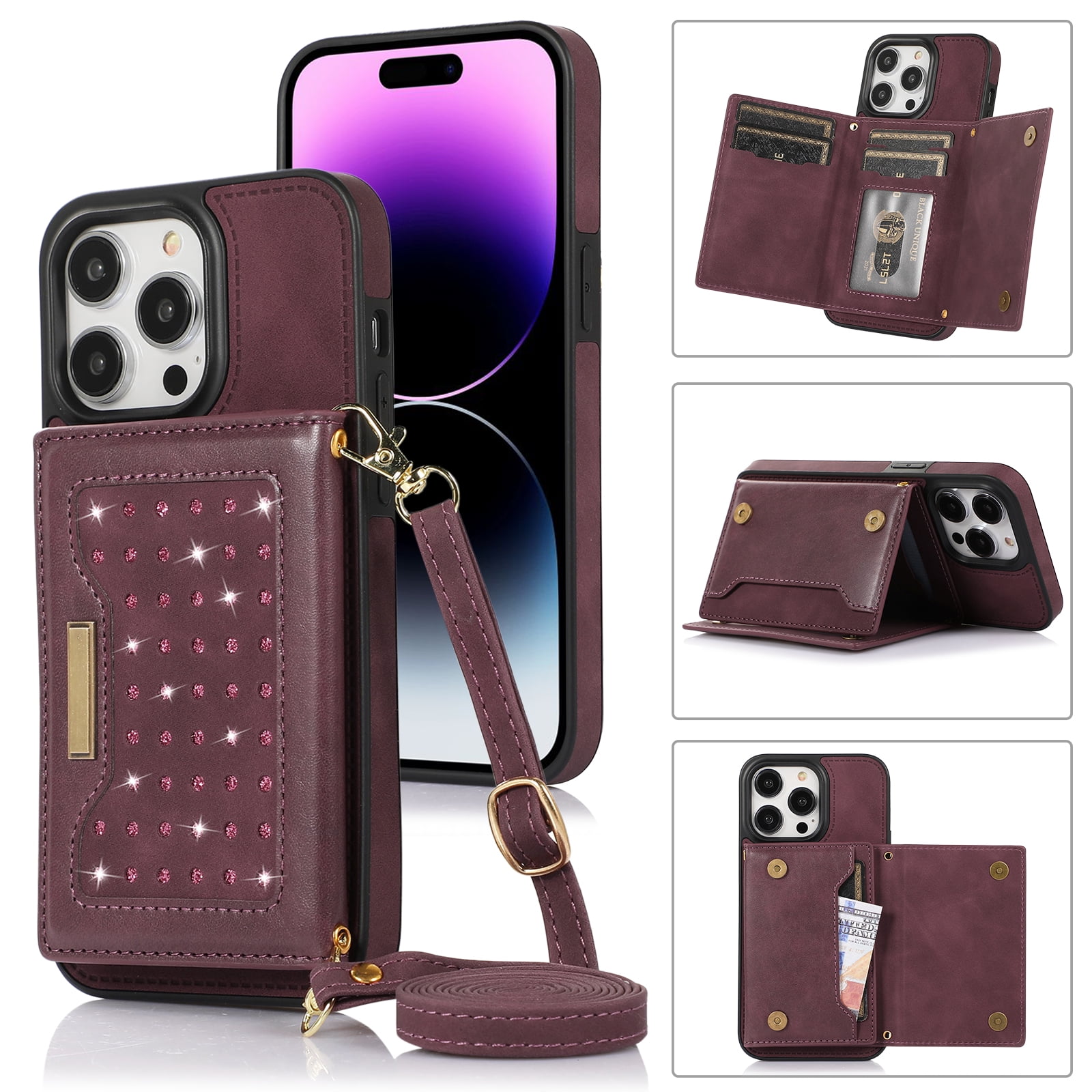 Case for iPhone 12 Pro Max,Crossbody Strap Wallet Credit Card Holder  Premium PU Leather Bling for Women,Magnetic Diamond Back Flip Cover with  Lanyard For iPhone 12 Pro Max, Wine Red 