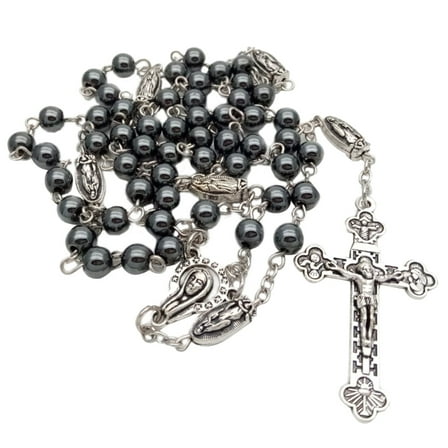 Vintage Religion Rosary Necklace Hematite Stone Round Beads Chain with Jesus for Cross Pendant Necklace Prayer Catholic Jewelry Gift