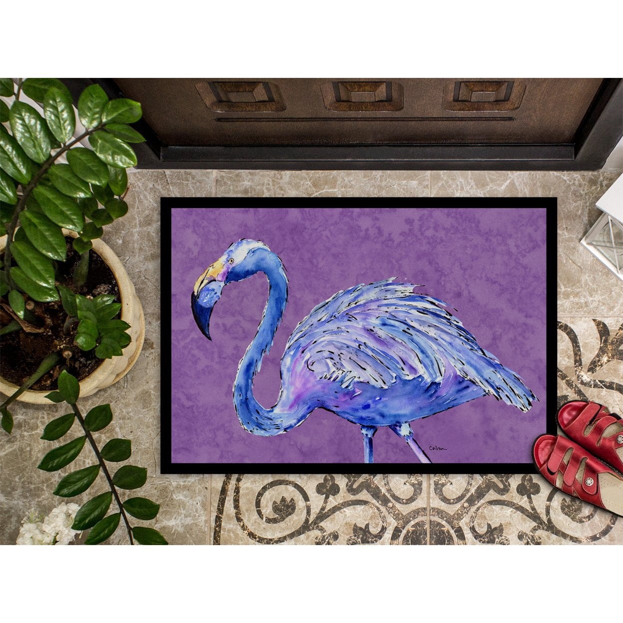 Carolines Treasures 8874MAT Flamingo on Purple Doormat 18x27 27"L x 18"W multicolor