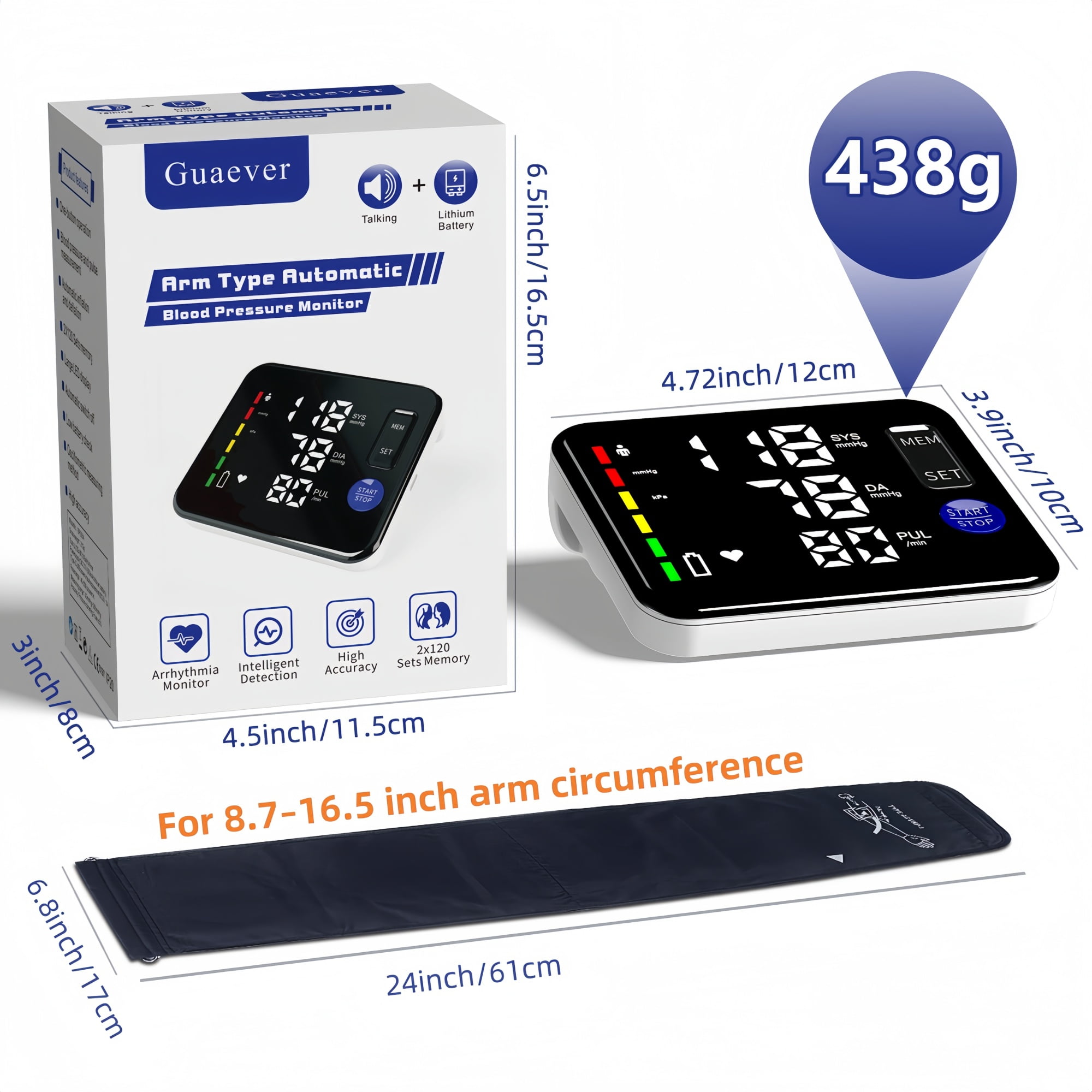 Upper Arm Blood Pressure Monitor, Equipped with 22-42cm Cuff, Rechargeable Automatic Digital BP Monitor with Dual-User Mode, 120 Reading Memory and Voice Broadcast, for Home Use