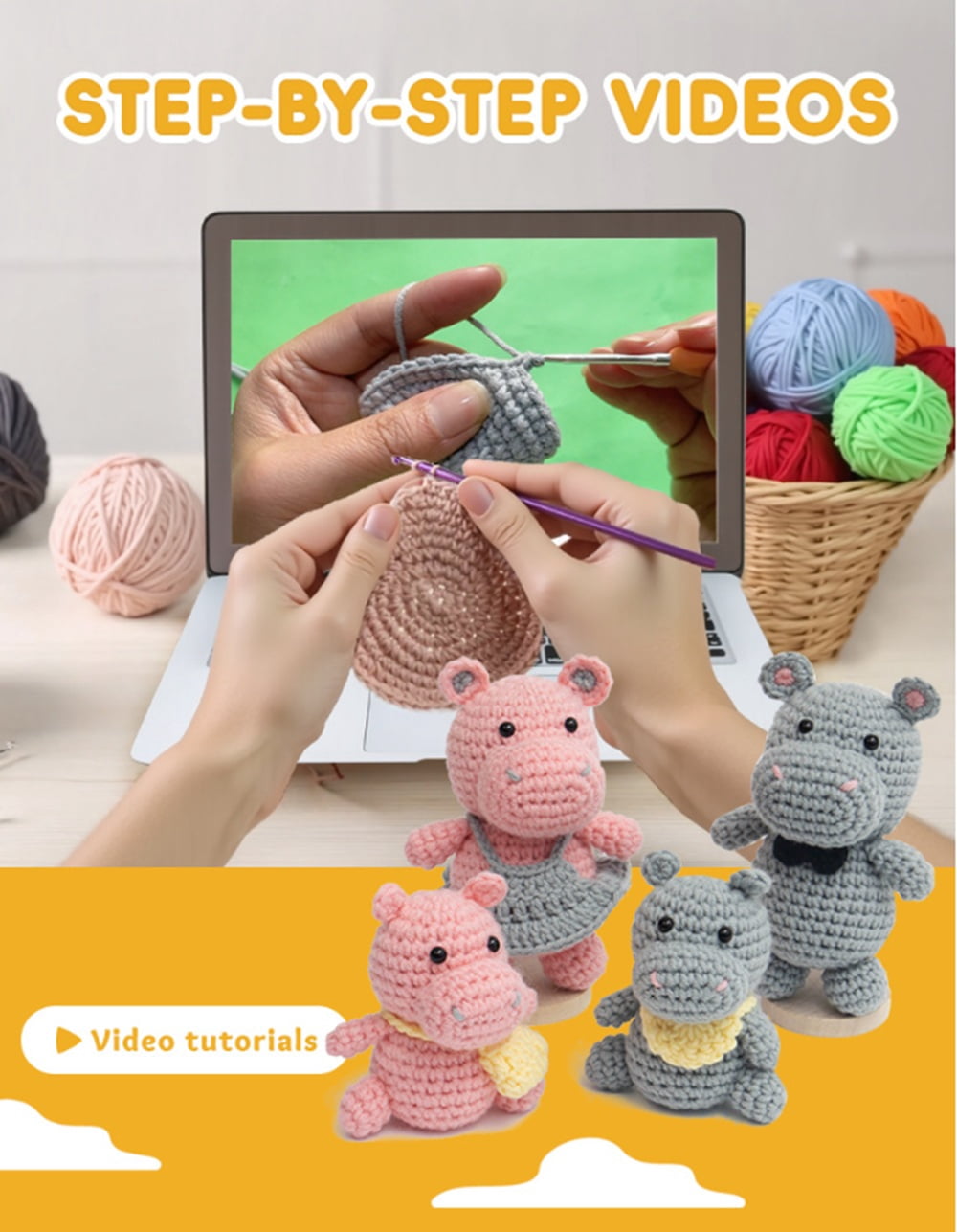 Hippo Family Crochet Kit for Beginners, Amigurumi Starter Set with Yarn, Hooks & Step-by-Step Video Tutorials, TIKA