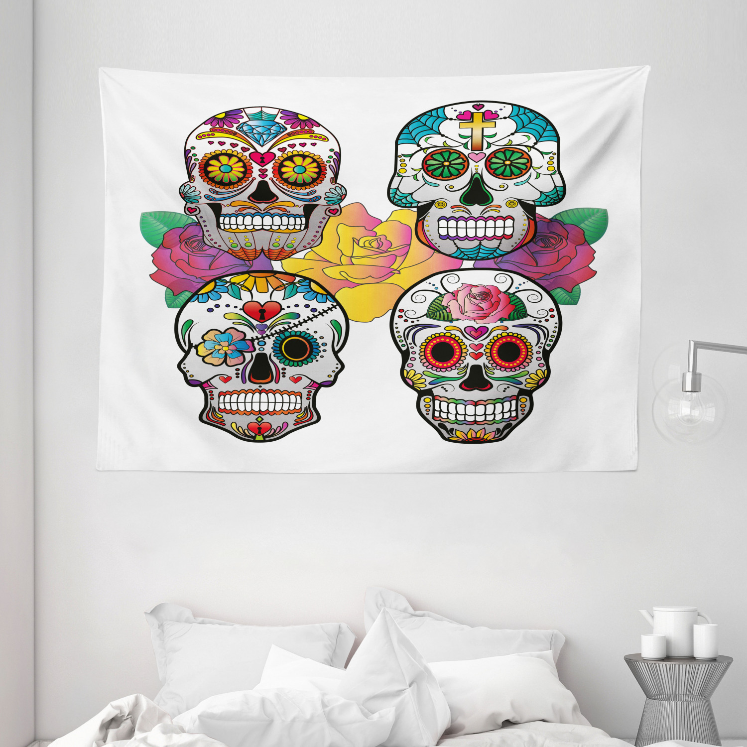 Sugar Skull Decor Tapestry, Different Types of Skulls Rich Colorful