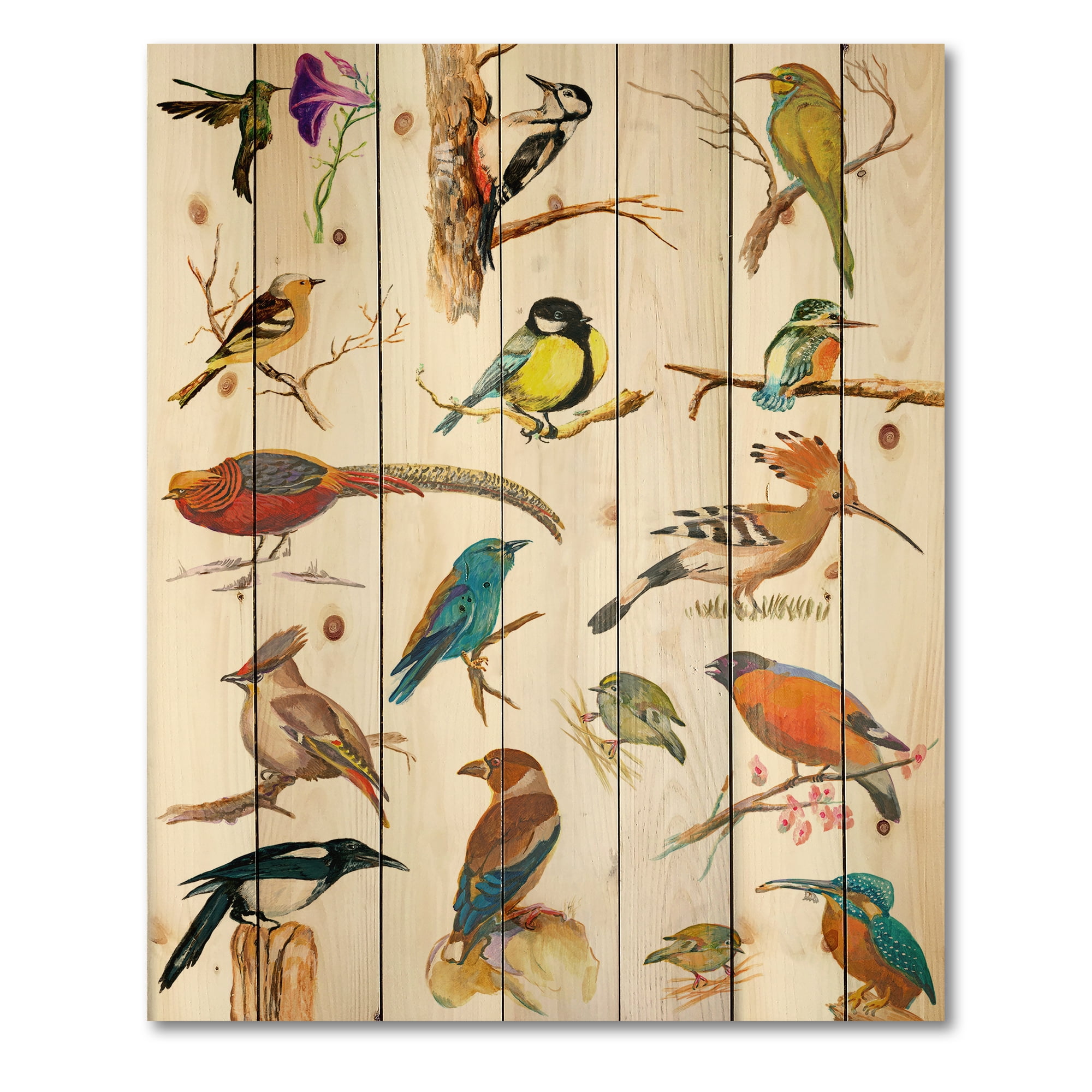 Designart 'Vital Colored Birds Plancard' Traditional Print on Natural Pine Wood