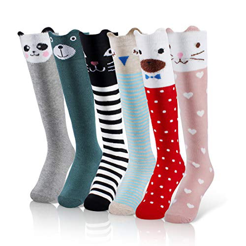 Menghao 6 Pairs Knee Socks Girl for 5-12Years Old-Summer Spring Socks for Kids Animal Cat Fox Bear Cotton Stocking