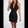 thumbnail image 4 of Vestido Corto Ajustado con Escote en V Profundo y Fruncido para Mujer, con Dobladillo de , para Fiesta y Club, de Verano Negro M, 4 of 10