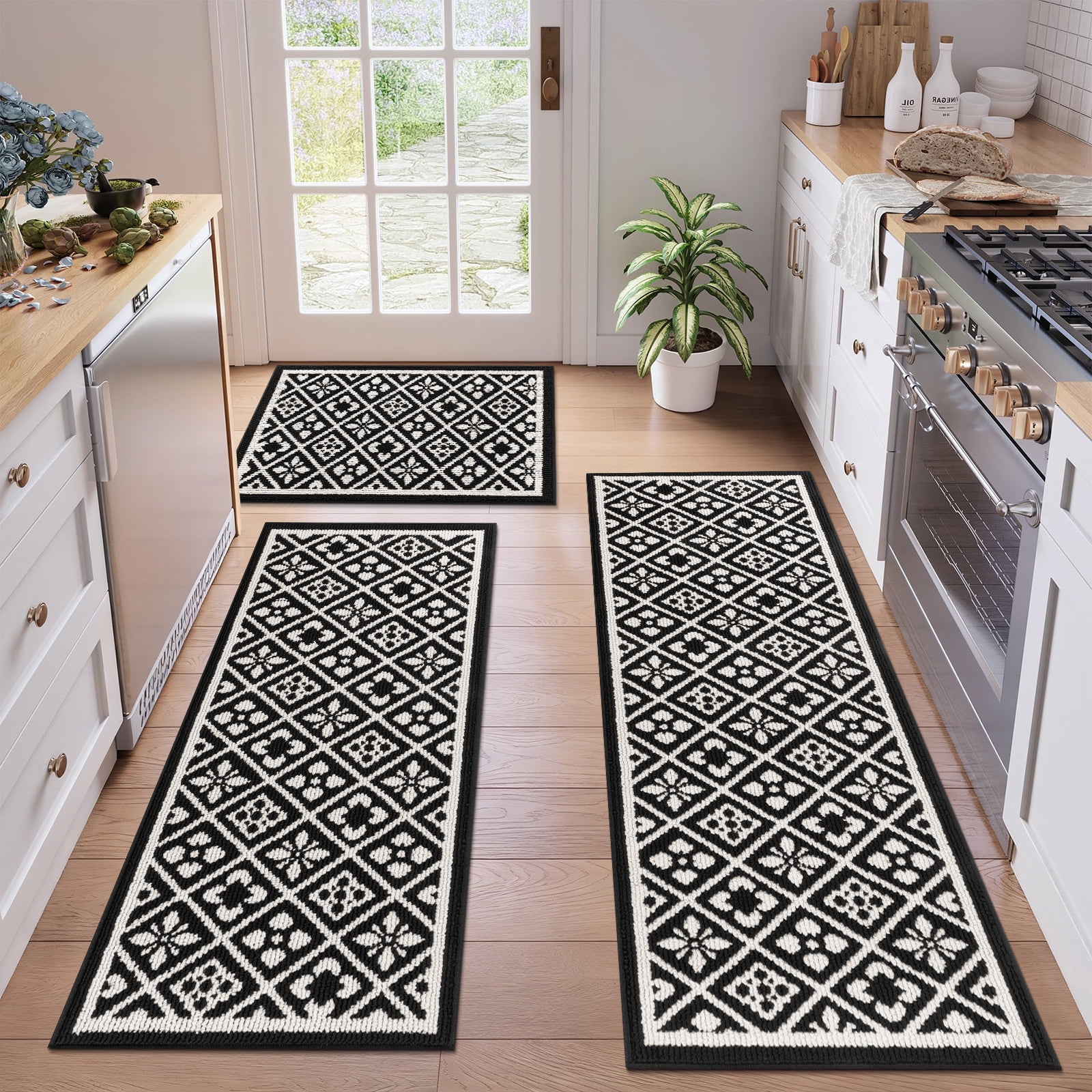Vaukki Farmhouse Kitchen Rugs Sets of 3, Non Slip Kitchen Floor Mats Washable Kitchen Runner Rug, Black