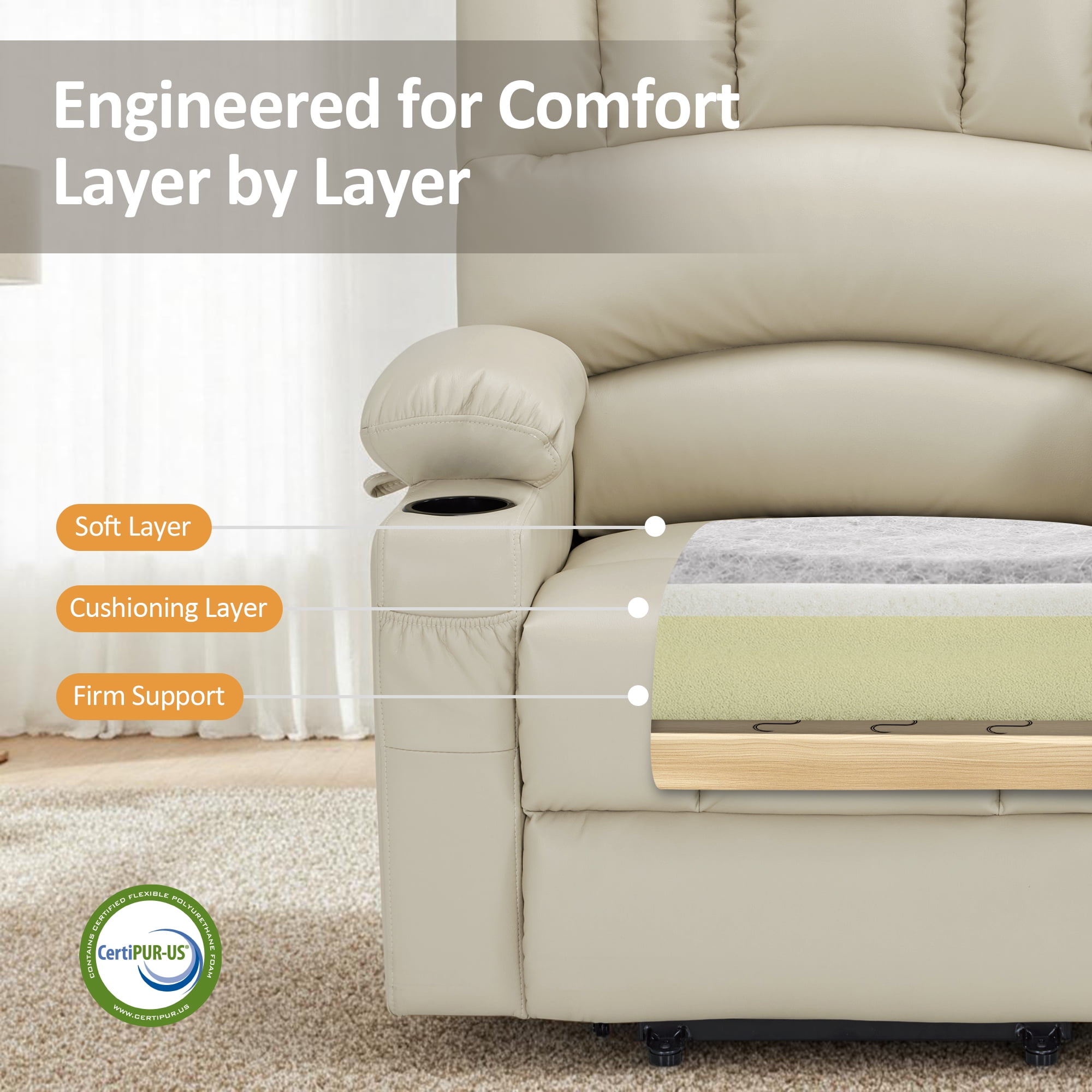 MCombo Power Lift Recliner Chair with Massage Heat, Extended Footrest, Faux Leather(Medium-Regular, Cream White)