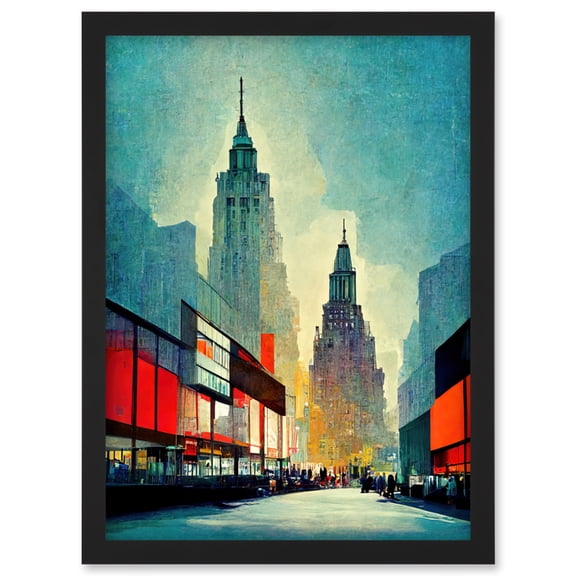 Broadway New York City Cityscape In Blue And Red Artwork Framed Wall Art Print A4