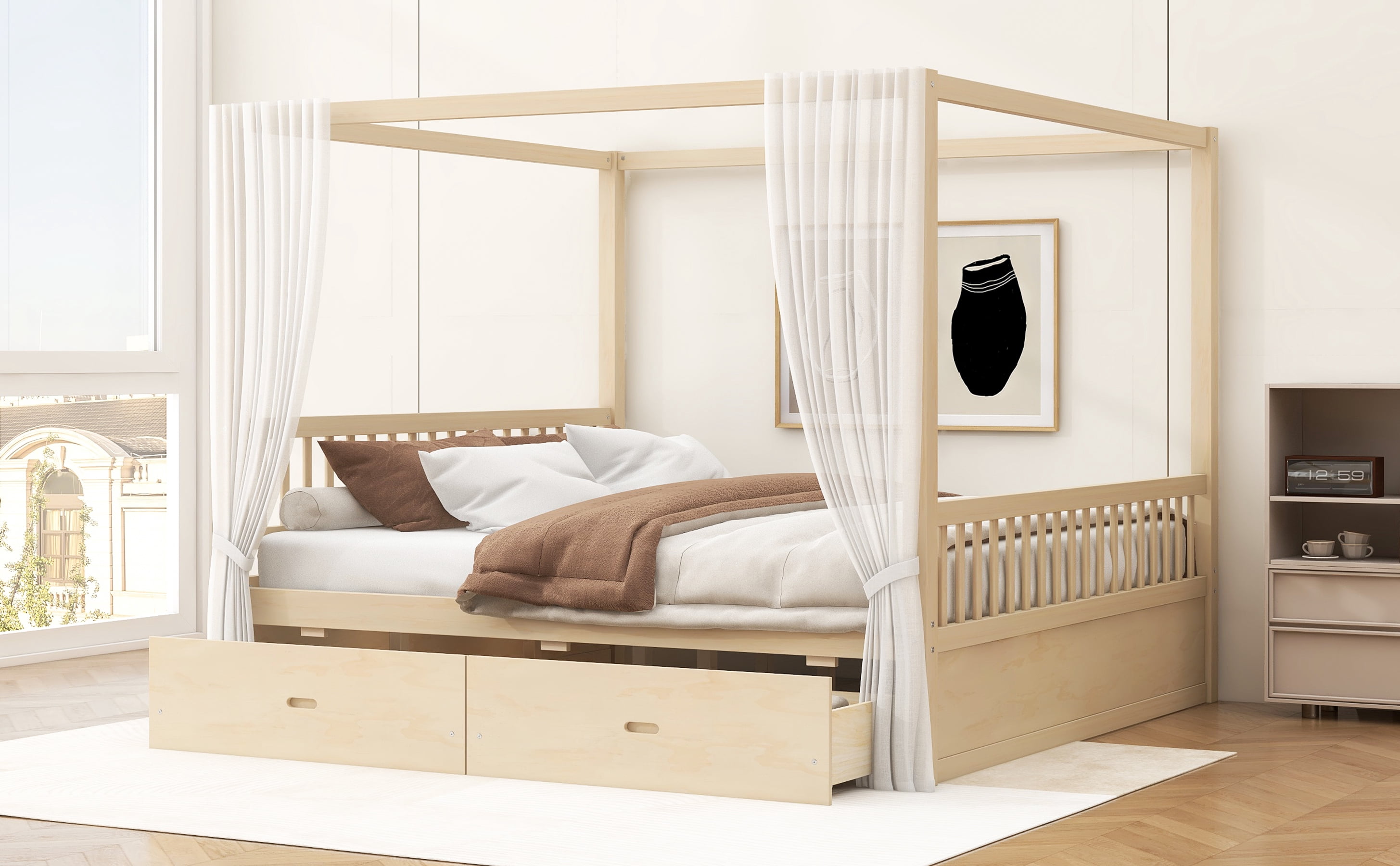 Mintazer King Size Canopy Bed with 2 Storage Drawers, Platform Bed Frame with Slatted Guardrails, No Box Spring Needed, Natural