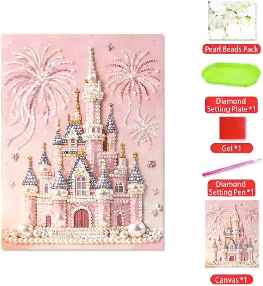 DIY Beaded Art Kit Castle Pearl Painting Textural Canvas Craft Set, 15.7in Creative Hobby Sparkling Wall Decor Gift for Home Art Lovers