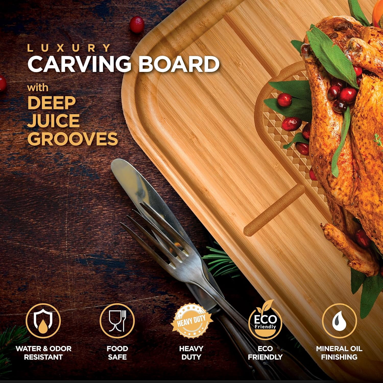 Large Cutting Board for Meat - Bamboo Butcher Block with Juice Groove, Pyramid Design to Stabilize Meat, Serving Tray & Chopping Board for Countertop