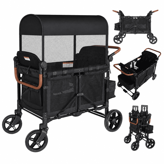 Touheart Wagon Stroller 4 Passenger with Adjustable Canopy, 5-Point Harnesses, Removable Seats, Black