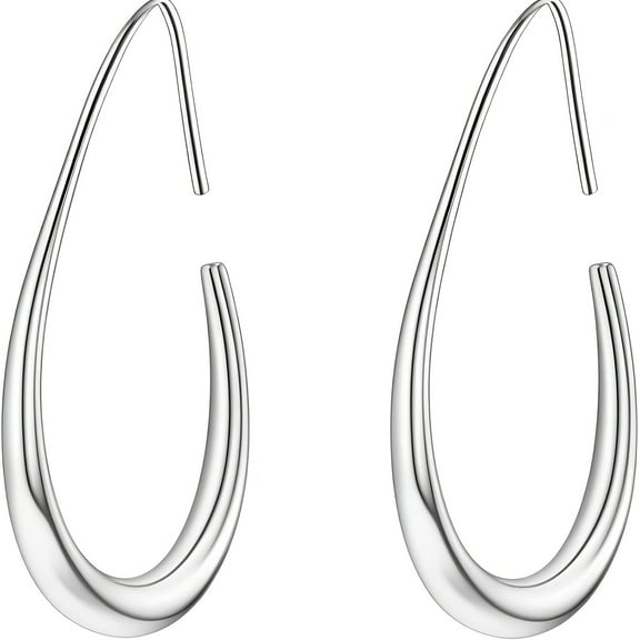 Teardrop Hoop Earrings for Women - 14k White Gold Plated Stainless Steel Oval Pull Through Hoop Earrings High Polished Statement Jewelry Gift for Women