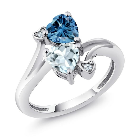 Gem Stone King 925 Sterling Silver Persian Blue Moissanite Sky Blue Aquamarine Ring for Women (1.56 Cttw, Heart Shape 6MM, Gemstone Birthstone, Size 6)