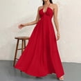 thumbnail image 6 of Htigea Summer Women's Maxi Dresses Cotton Linen Halter V Neck A-Line Dress Solid Color Beach Vacation Sundress Red XL, 6 of 6
