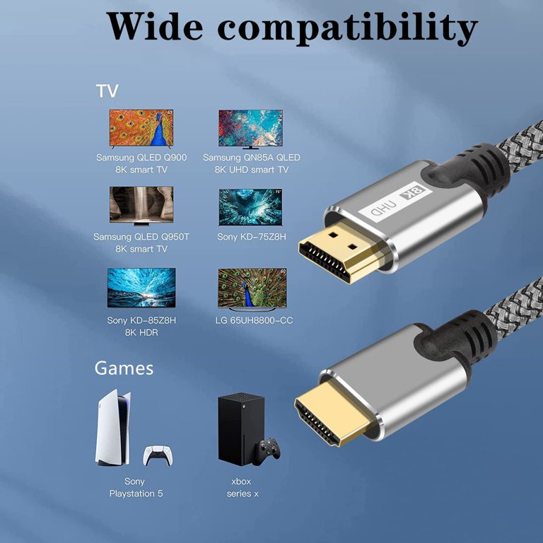 8K HDMI Cable 6.6FT/2M, Ultra High-Speed 48Gbps Gold Plated Braided HDMI  2.1 Cord, 4K@120Hz 8K@60Hz, Dynamic HDR, eARC, Compatible with