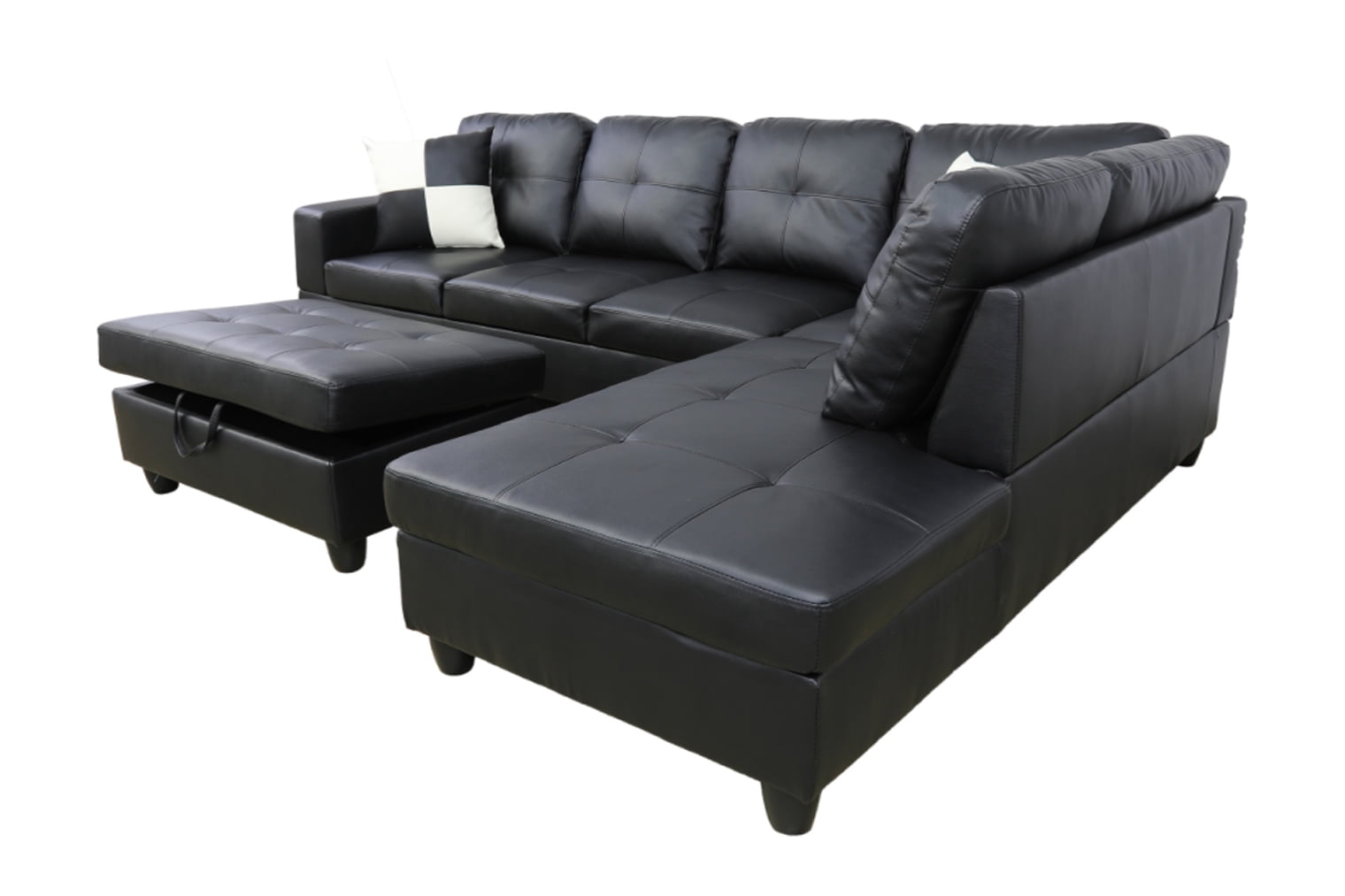 PonLiving Furniture Black Faux Leather 3 Piece Sectional Sofa Couch Set, L-Shaped Modern Sofa with Chaise Storage Ottoman for Living Room Furniture, Right Hand Facing