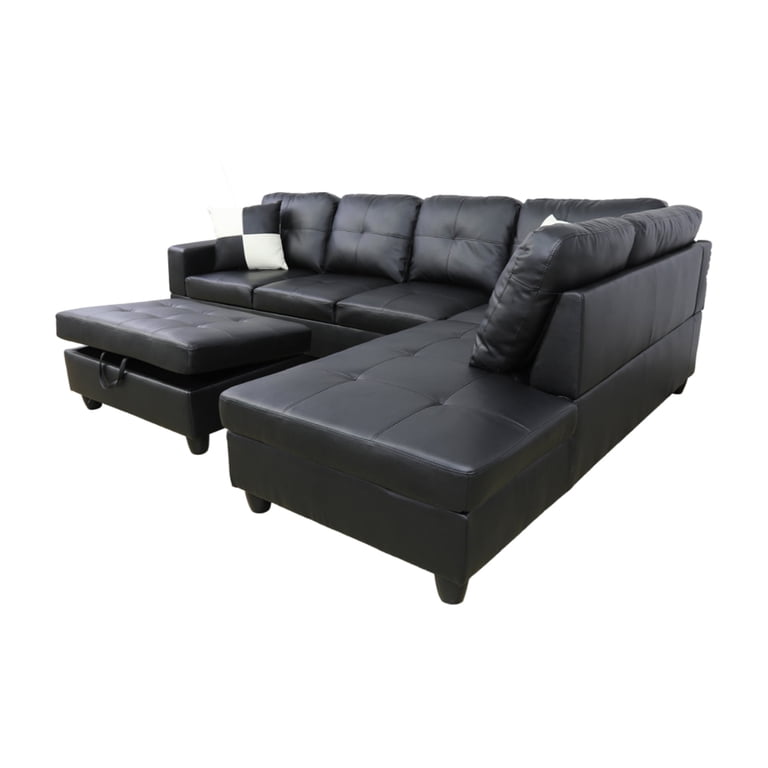 Black Faux Leather Sectional Sofa Bed With Left Facing Storage Chaise ...