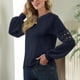thumbnail image 3 of Dinheiro Blusas de Moda para Mujer Tops de Punto Sueltos Casuales Camisas de Manga Larga de Encaje con Huecos (Azul Marino), M,, 3 of 5