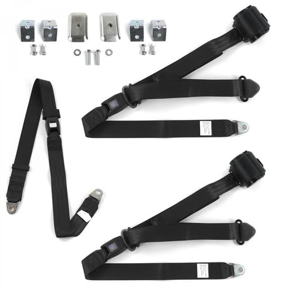 Chevy Truck 1988-1998 Standard 3 Point Black Retractable Bench Seat Belt Kit with Bracketry - 3 Belts
