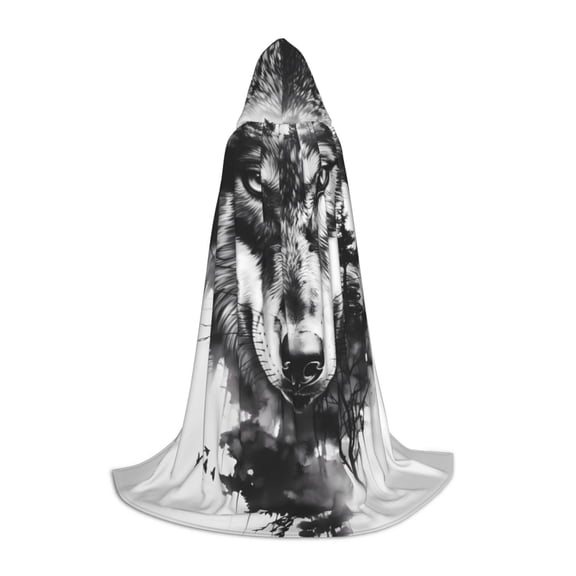 Honeii Majestic Wolf Landscape Print Poncho Cape, Cloak Coat, Snuggly Hooded Wearable Blanket, Hooded Cape For Teenagers,Halloween Costumes-