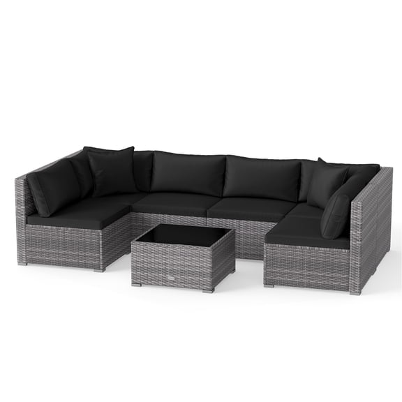 Gymax Set of 7 Patio Furniture Set PE Rattan Sectional Sofas w/ Tempered Glass Coffee Table Black