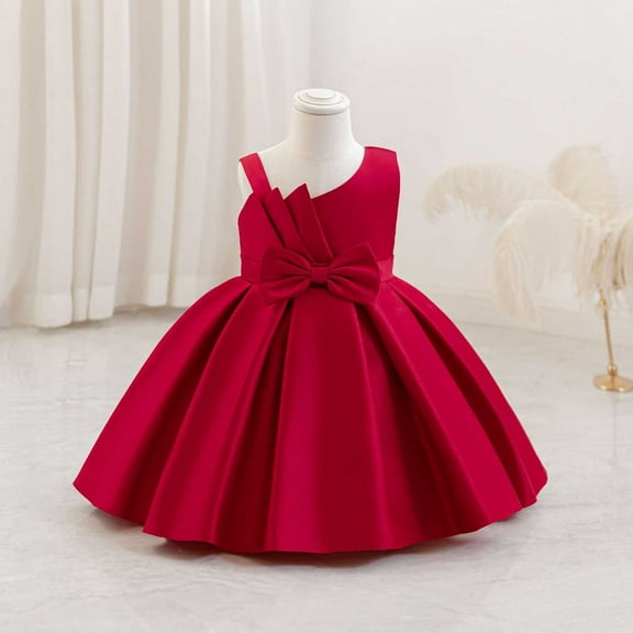 NAISIBABY Girls Flower Dress, Elegant Satin Sleeveless Bowknot Back Zipper Kids Wedding Party Pageant Gown Dress Red 4T