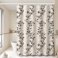 thumbnail image 3 of Retro plant linen shower curtain, black and ivory, textured fabric shower curtain set with cute plant leaf design, modern farmhouse bohemian floral bathroom decor, 3 of 5
