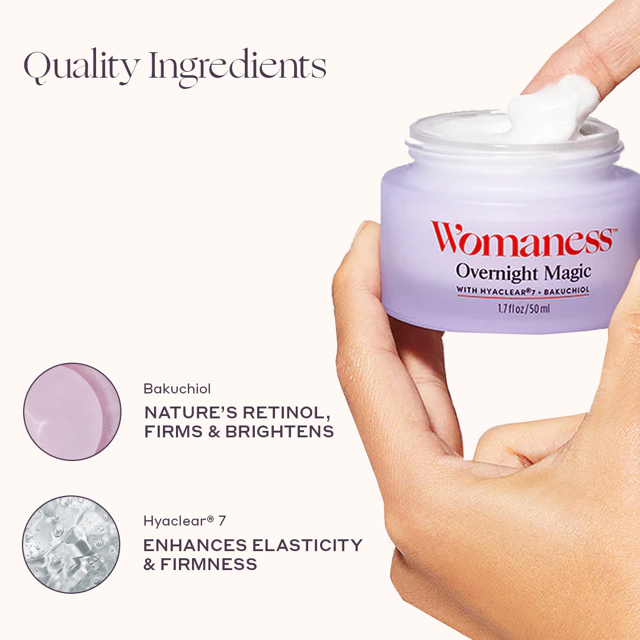 Womaness Overnight Magic Night Face Cream for Women, Anti Aging, Night Moisturizer with Hyaluronic Acid & Bakuchiol Retinol Alternative, 1.7 fl oz