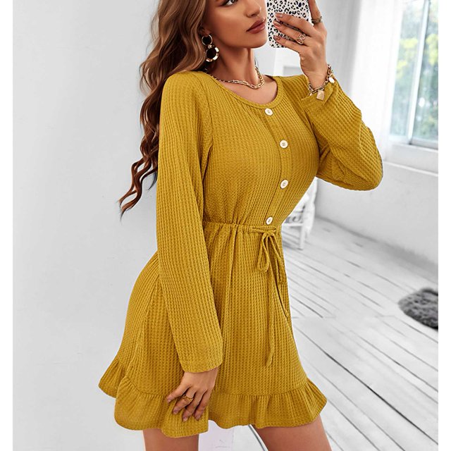 Vestido De Punto De Una Línea Vestido De Punto De Botón De Mujer Vestido De Punto De Cuello Redondo De Mujer Vestido De Punto Casual De Mujer Vestido De Punto Con Cordón De ANGGREK Amarillo XL