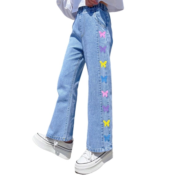 Tfken Child Soft Comfy Pants School Daily Wear Wide Leg Denim Pants For Girls Loose Pockets Graphic Fashion Kids Classic Clothes Size 14-16 Years Blue