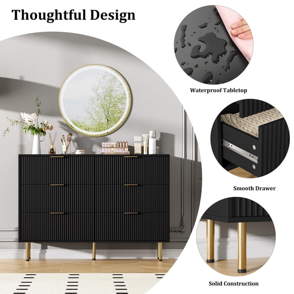 Commode à 6 Tiroirs – Commode Cannelée Moderne, Organisateur de Rangement en Bois de 47 Pouces de Large avec Poignées en Métal, Fini Blanc pour Chambre, Salon, Couloir et Entrée