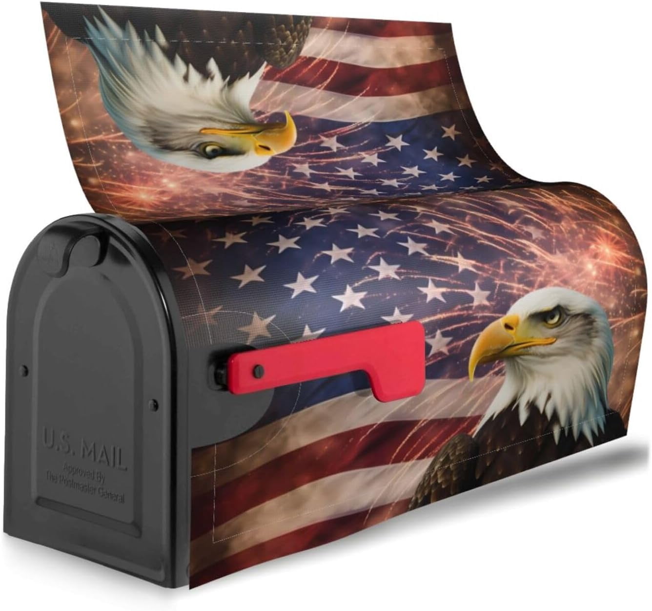 American Flag Welcome Magnetic Mailbox Cover, Firework Eagle Mailbox Wrap Decorative for Garden Yard Home 21x18 in