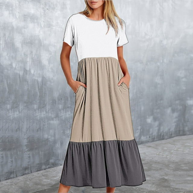 Fankiway Robe Longue Ample à Manches Courtes avec Poche et Col Rond Imprimé pour Femmes Rondes Robes de Printemps pour Femmes 2664