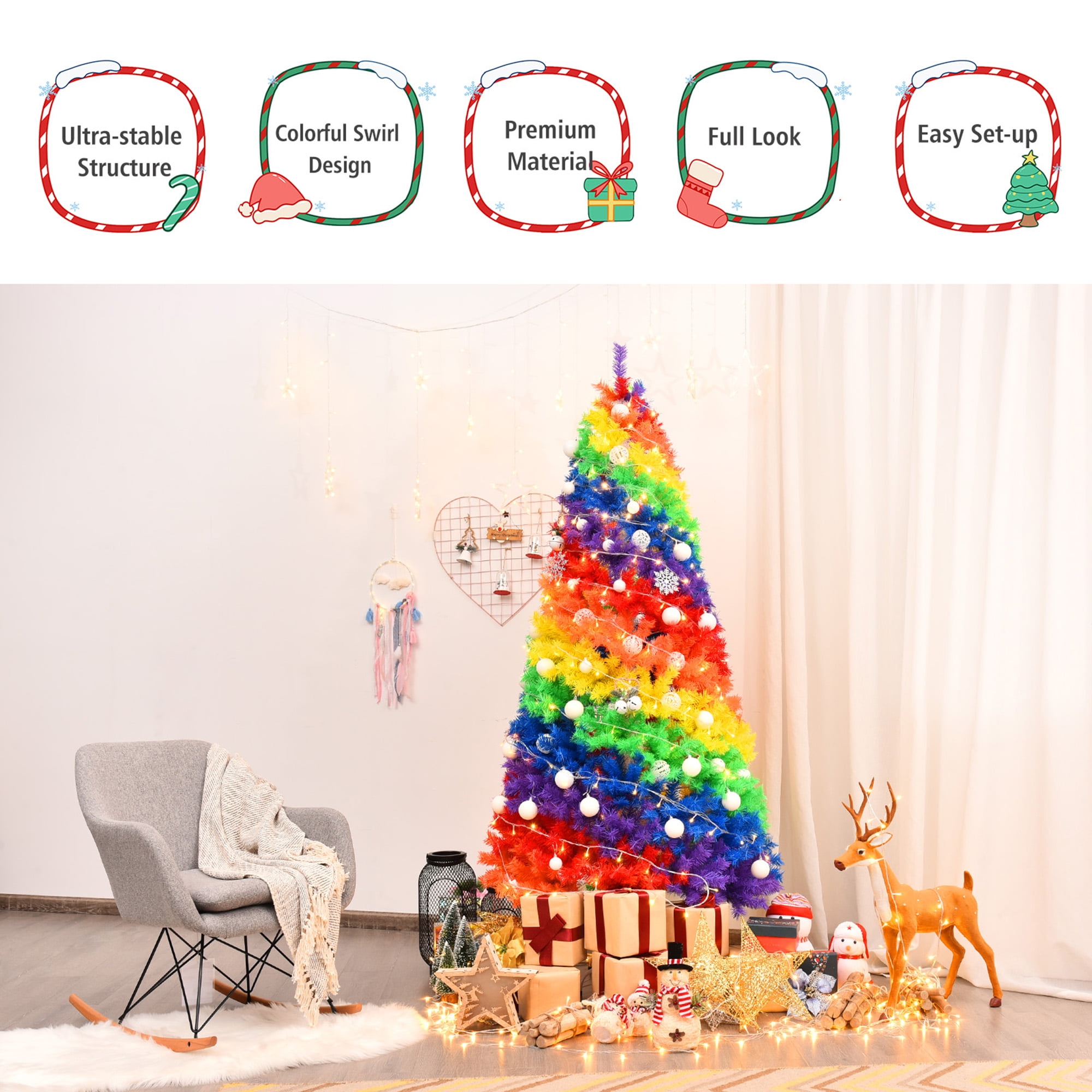 Gymax 7 ft Colorful Rainbow Hinged Christmas Tree Holiday Decor w/ Metal Stand