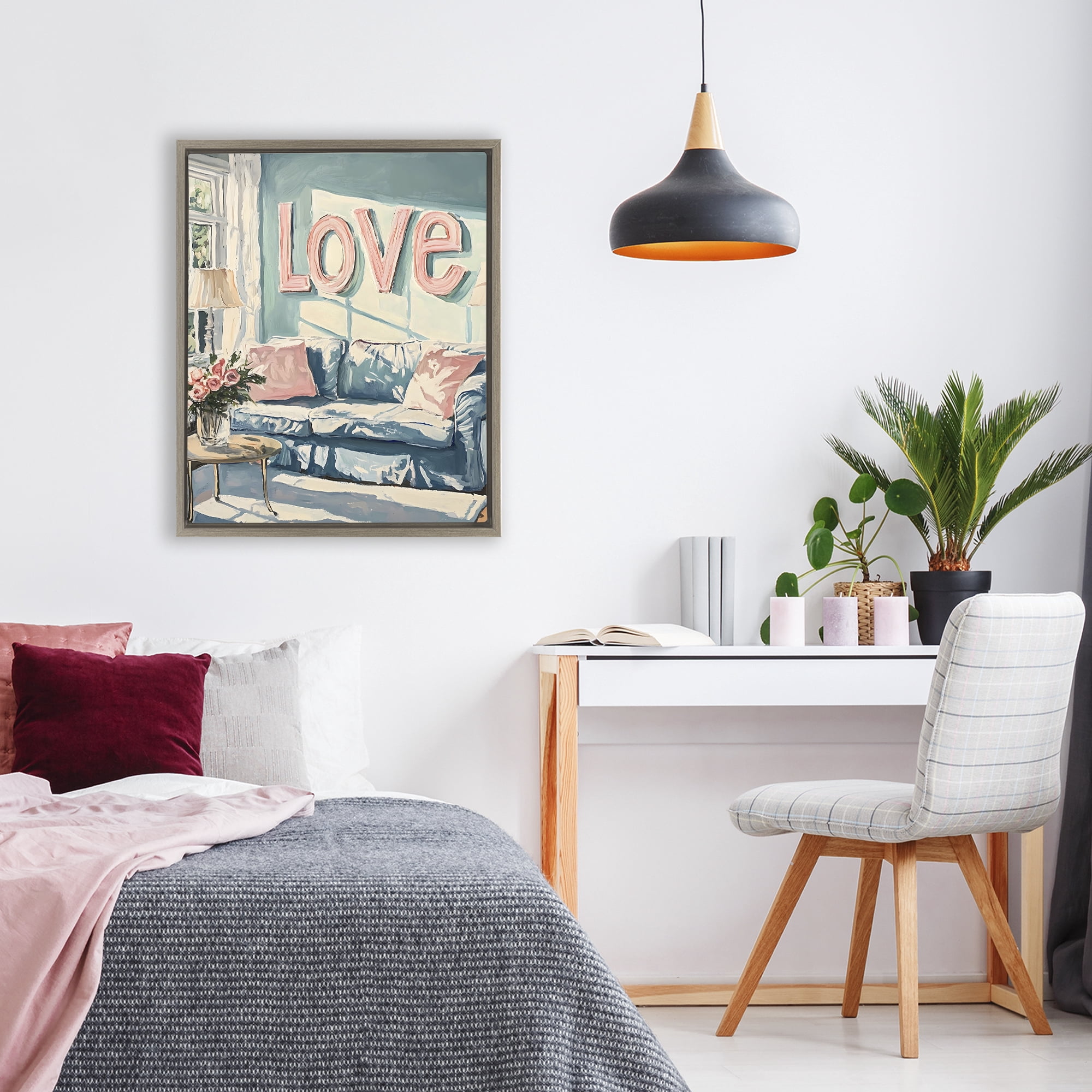 Stupell Industries Love Letters Above Cozy Couch Brown Framed Floater Canvas Wall Art, design by The Prints Vibe