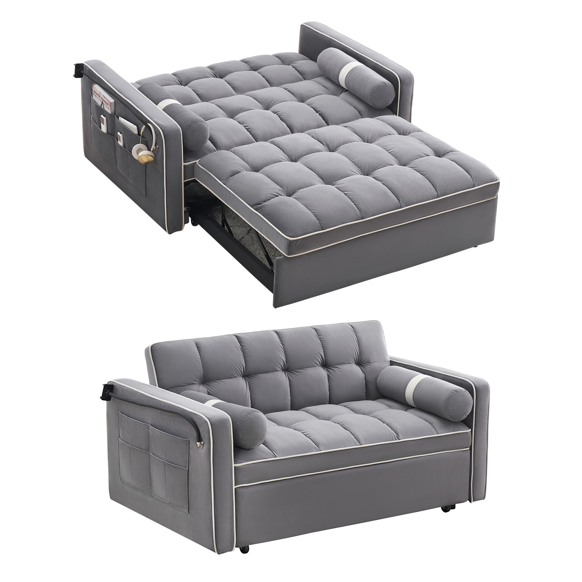 DEALTOPS 3 in 1 Sofa Bed, 55" Loveseat Sleeper with Two Pillows & Phone Stand, Gray