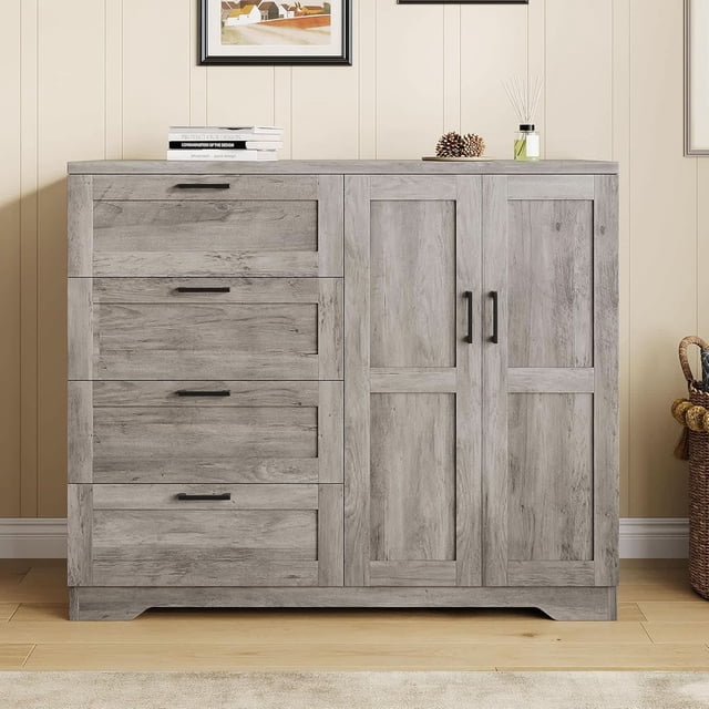 Bingirl Armoire Basse Grise à 4 Tiroirs en Panneau PB, Armoire de Rangement avec Doubles Portes pour l'Organisation de Garde-Robe de Chambre