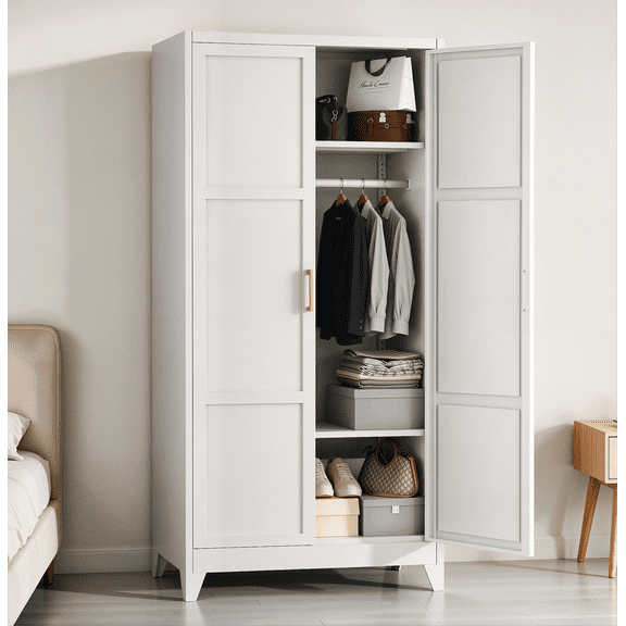 SOLAURA 71" Tall Metal Armoire Wardrobe Cabinet with 2 Doors, Wardrobe Closet with Hanging Rod and Adjustable Shelves, Freestanding Closet for Home Living/Laundry Room/Department (White)