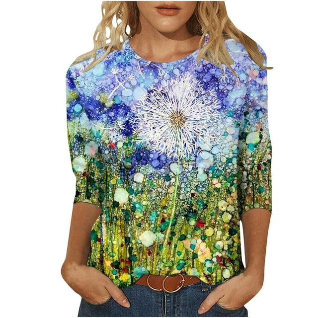 Pompotops T-shirt Ample Imprimé pour Femme Blouse à Manches 3/4 Col Rond Hauts Décontractés Liquidation