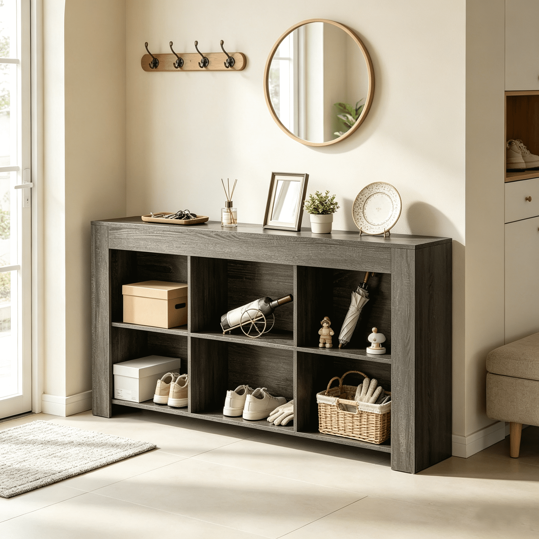 Rustic Wood Console Table with 6 Storage Cubes, 66.93 in L