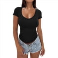 thumbnail image 1 of Camiseta Ajustada de Corta para Mujer, Cuello en V Básico, Ajustada, Color Negro, Talla XS, 1 of 8
