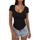 thumbnail image 1 of Camiseta Ajustada de Corta para Mujer, Cuello en V Básico, Ajustada, Negra, Talla L, 1 of 8