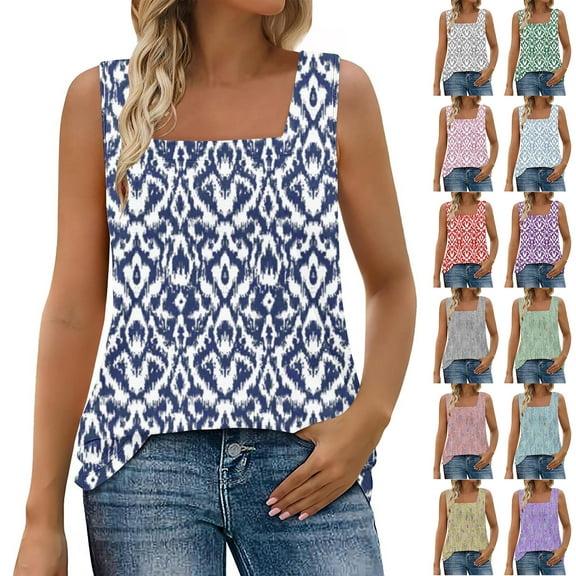 JTZGDY Boho Floral Print Tank Tops for Women Summer Sleeveless Square Neck Graphic T-Shirts Loose Flowy Comfy Tunic Blouse for Leggings A-Green XXL